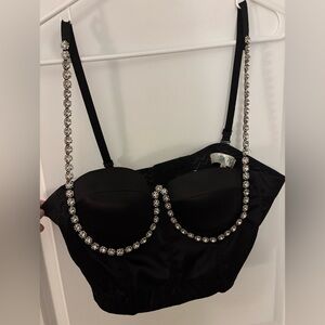 NWT Rhinestone Diamond Black Bustier Top Bra M/L